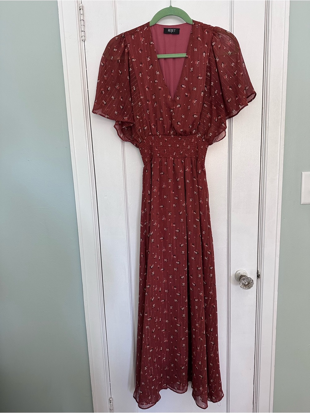 Rust Floral V-Neck Maxi Dress with Smocked Waist